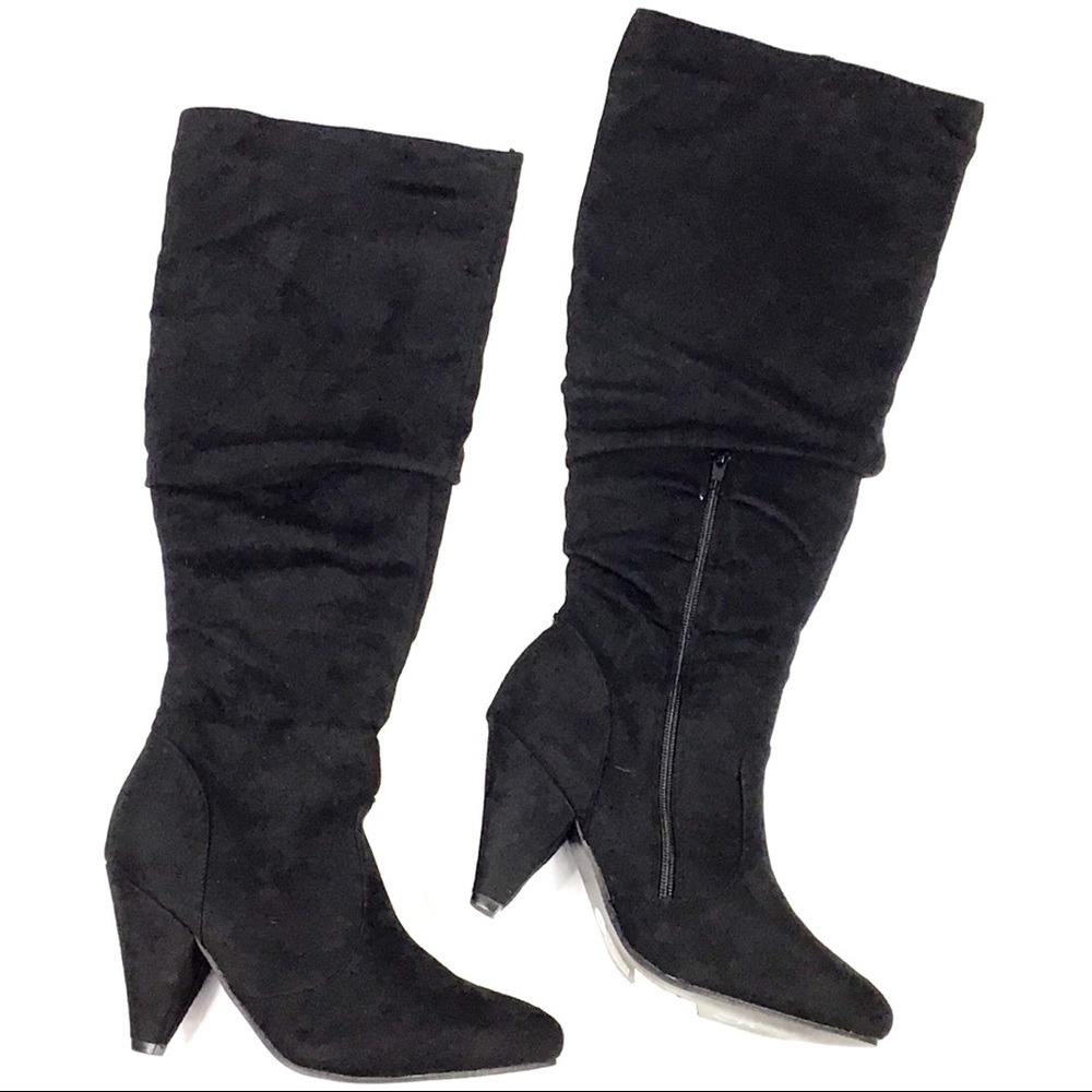 Faux Suede Slouchy Knee High Cone Heel Boots
